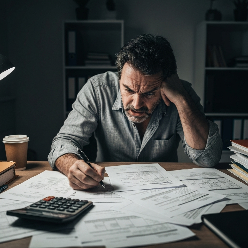 Persona frustrata con moduli di valutazione casa